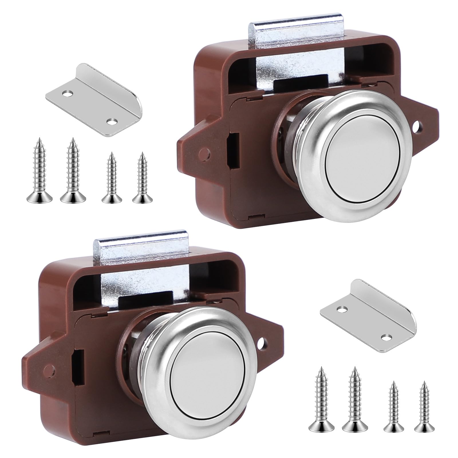 SUPAWAY Pack of 2 Push Button Locks, Cabinet Lock Catch, Locking Drawers Pressure Lock, Keyless Metal Push Button Lock, Brown Button Catch Lock for RV, Yachts, Drawers, Cabinet Doors