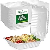 Take Out Food Containers With Lids, 100 Pack Clamshell To Go Containers, 9x9 Carry Out Container For Food, Eco-Friendly Biodegradable To Go Boxes, Biodegradable Made From White Sugarcane Fibers
