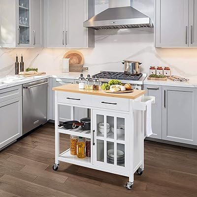 Buy Topeakmart Wood Kitchen Cabinet On Wheels Rolling Utility Trolley With Drawer Storage Shelves Wine Bottle Rack Towel Handle Bamboo Top Kitchen Island Cart White Online In Japan B08qf2nmh4