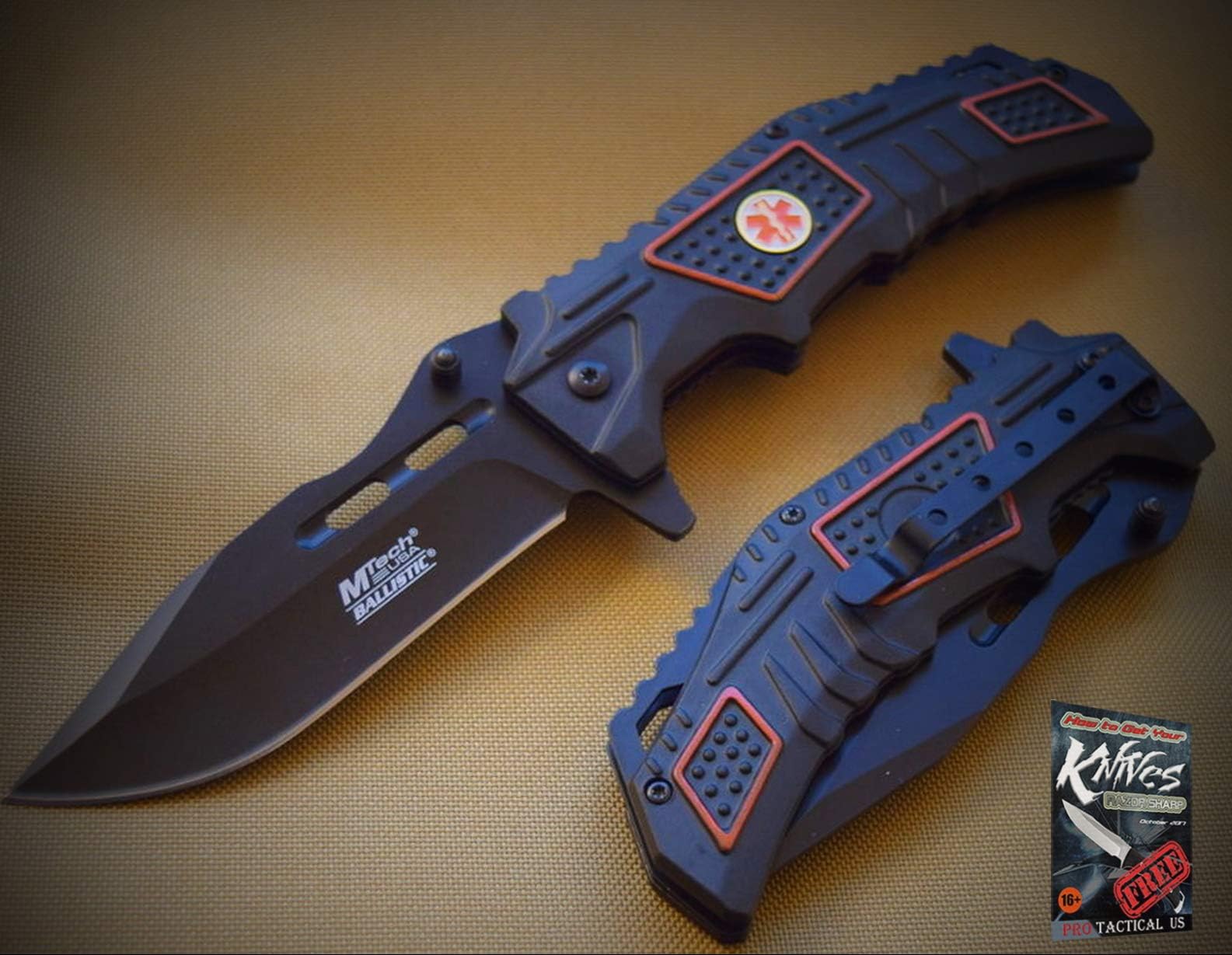 New 1pc Mtech Spring-Assisted Pro Tactical Ems Logo sharp Blade Knife w/Pocket Clip for Home Camping Hunting Rescue + free Ebook by ProTactical"US