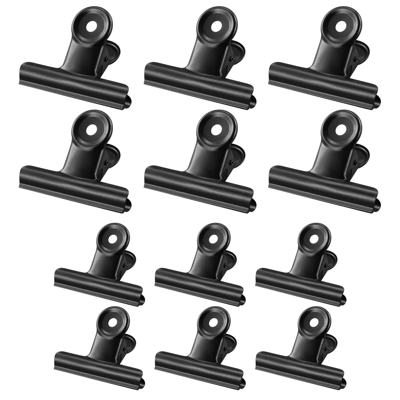 Bulldog Clips - 12 Pieces, Black Metal, Large Hinge, Round (6PCS 50MM, 6PCS 63MM)