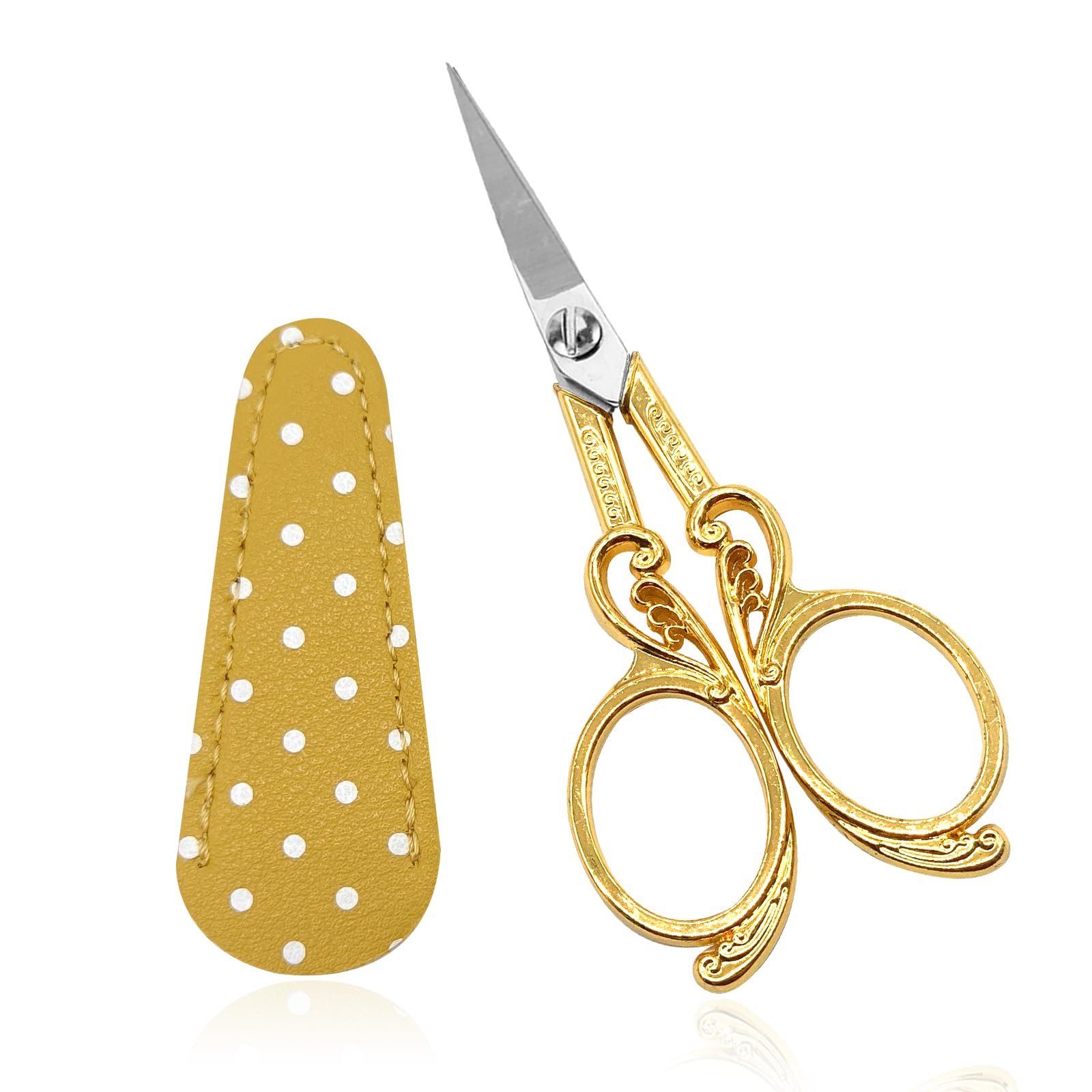 SwirlColor Embroidery Scissors Small Sharp, Butterfly Sharp Sewing Scissors Stainless Steel Small Craft Scissors with Blue PU Cover for Embroidery Needlework Art Work and Daily Use (Yellow)