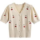 Womens Summer Knit Shirt Short Sleeve Cardigan Embroidery Cute Cherry V-Neck Crochet Fashion Casual Blouse