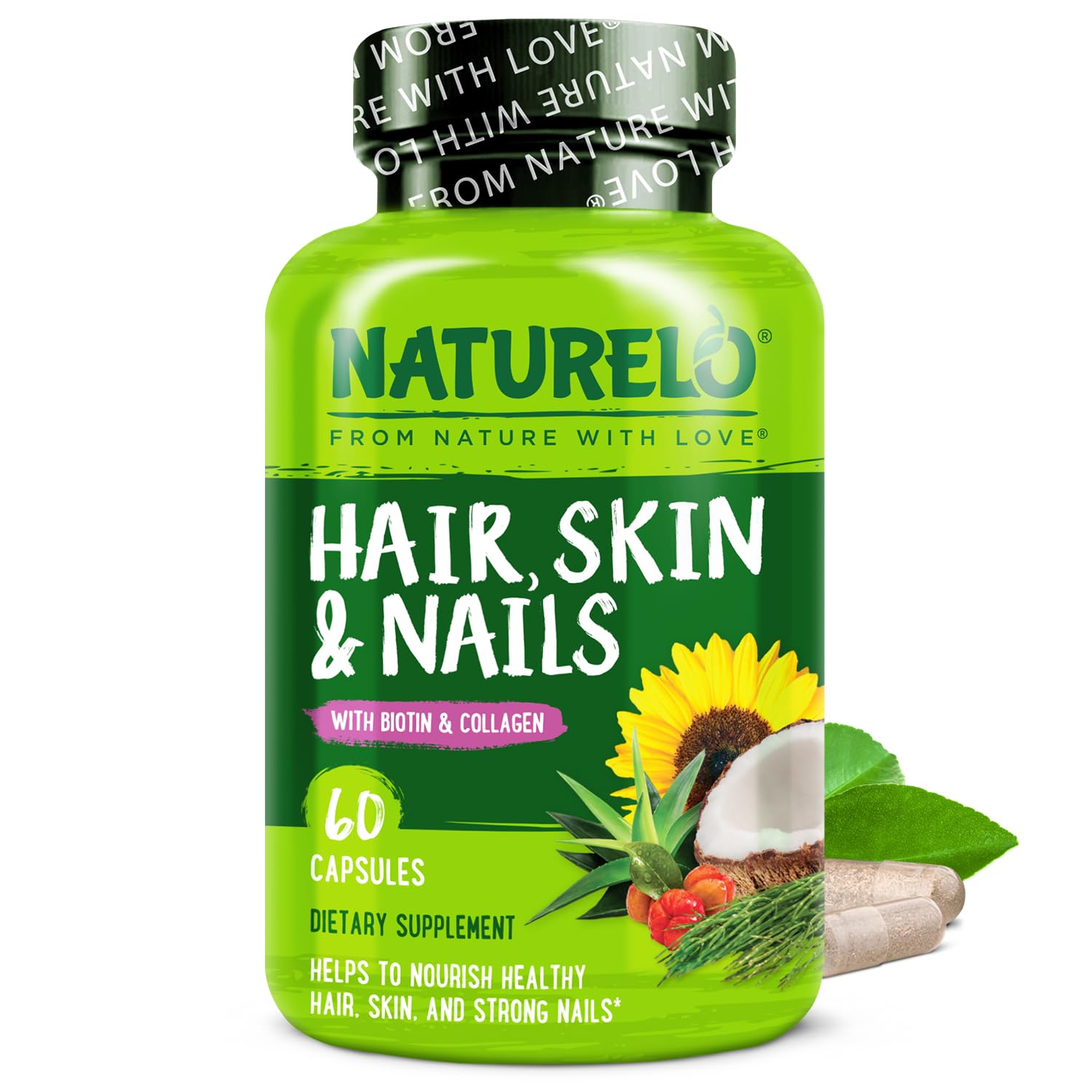 NATURELO Hair, Skin and Nails Multivitamin - 5000 mcg Biotin, Collagen, Natural Vitamin E - Supplement for Healthy Skin, Hair Growth for Women and Men – 60 Capsules
