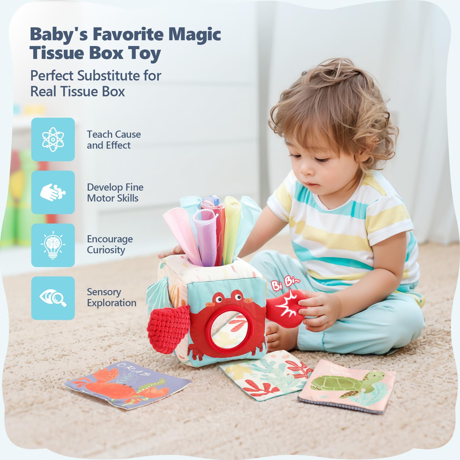 Macabaka Baby Tissue Box Toy, Montessori Sensory Toys for 6-12 Months, 6 Month Old Baby Must Haves, with Crinkle Paper, Silk Scarves, Safety Mirror, Perfect Early Learning Gift