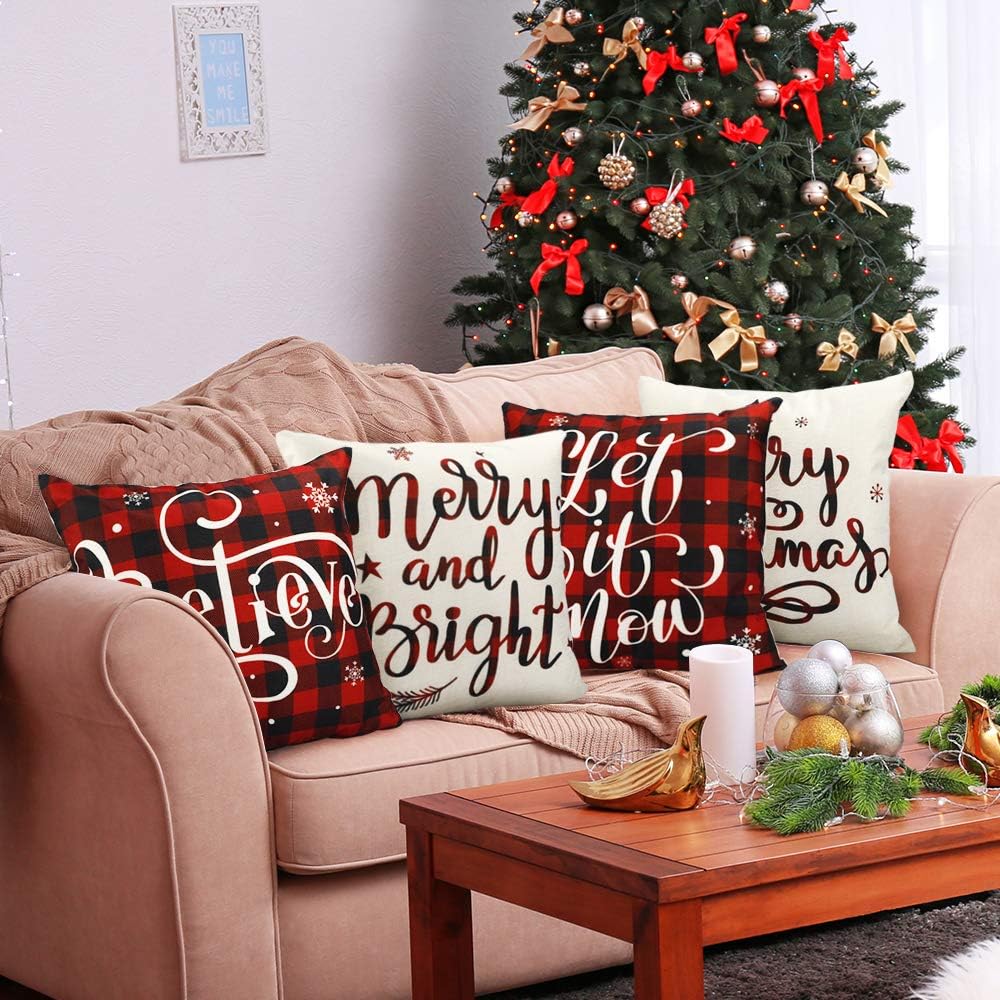 YGEOMER Christmas Pillow Covers 18×18 Inch Set of 4 Farmhouse Black and Red Buffalo Plaid Pillow Covers Holiday Rustic Linen Pillow Case for Sofa Couch Christmas Decorations Throw Pillow Covers: Home & Kitchen