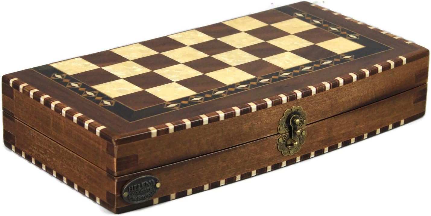 Chessgammon BACKGAMMON HANDMADE HANDCRAFTED SOLID WALNUT WOOD"HELENA WOOD ART" BACKGAMMON SET WITH MOTHER OF PEARL INLAYS AND BACKGAMMON PIECES DOUBLING DICE BARREN- 2154W