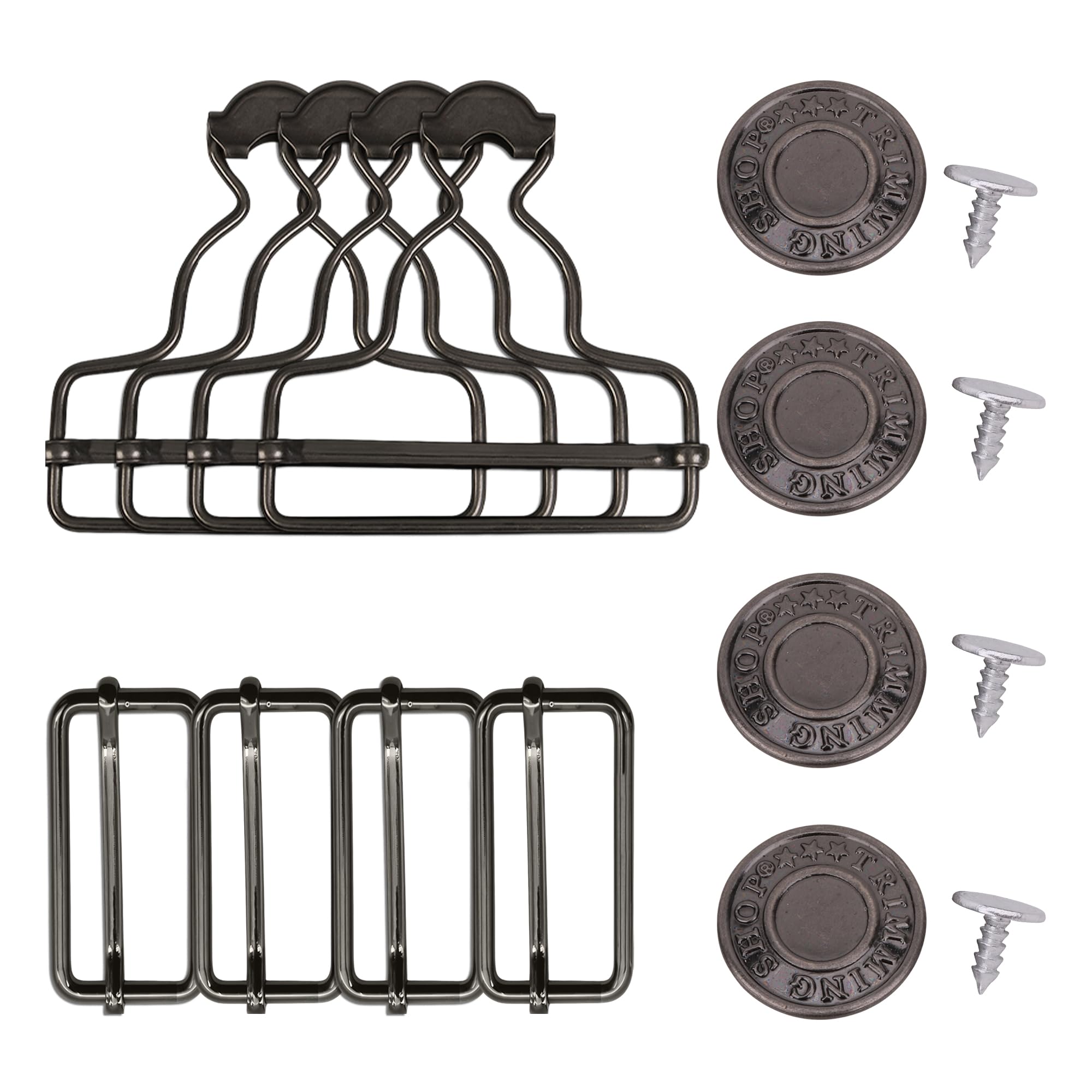 Trimming Shop 40mm Dungaree Buckles Rectangle Tri-Glide Sliders & No-Sew Jean Buttons Adjustable Fasteners for Overalls, Suspenders, Jumpsuits, Kids' Clothing & DIY Craft Projects, Gunmetal, 10pcs Set