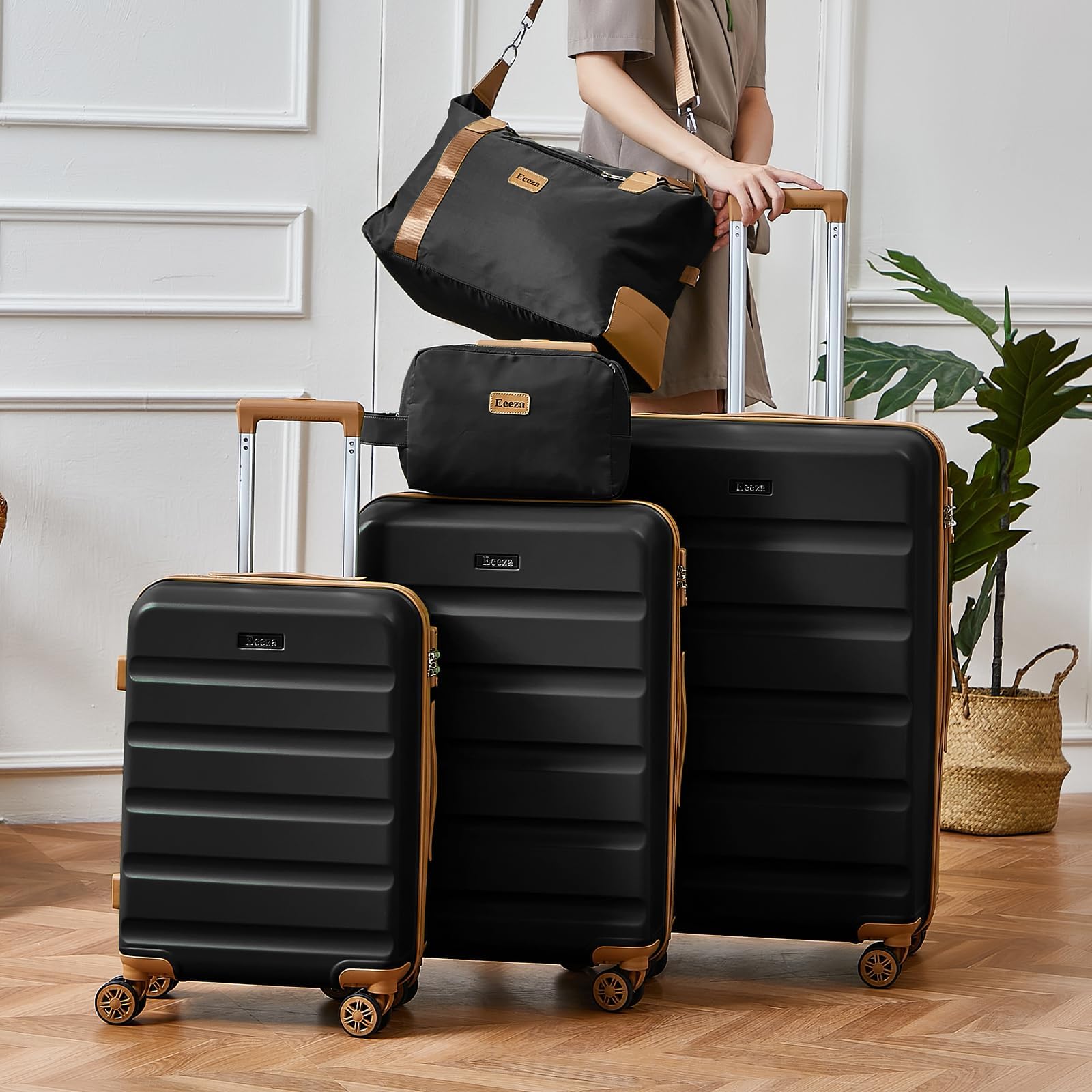 Eeeza Luggage Sets 5 Piece,Hard Case Suitcase Set with Spinner Wheels,Hardshell Lightweight Travel Luggage with TSA Lock (Black,20/24/28 Inch)