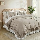 Herside Taupe Ruffle Comforter Set King Size,Shabby Chic Boho Bedding Sets, Soft Fluffy Comforters Sets for All Season,Vintage Ruffled 3 Pcs Microfiber Lightweight Quilt Set for Women Girls