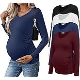 Ekouaer Womens Maternity Shirts Long Sleeve 4 Pack V Neck Side Ruched Pregnancy Tops Blouse Casual Mama Clothes S-XXL