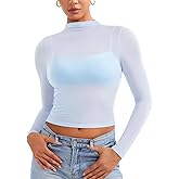 YEOREO Womens Sheer Tops Long Sleeve See Through Tops Mock Neck Slim Fit Workout Shirt Jamy Going Out Sexy Shirts