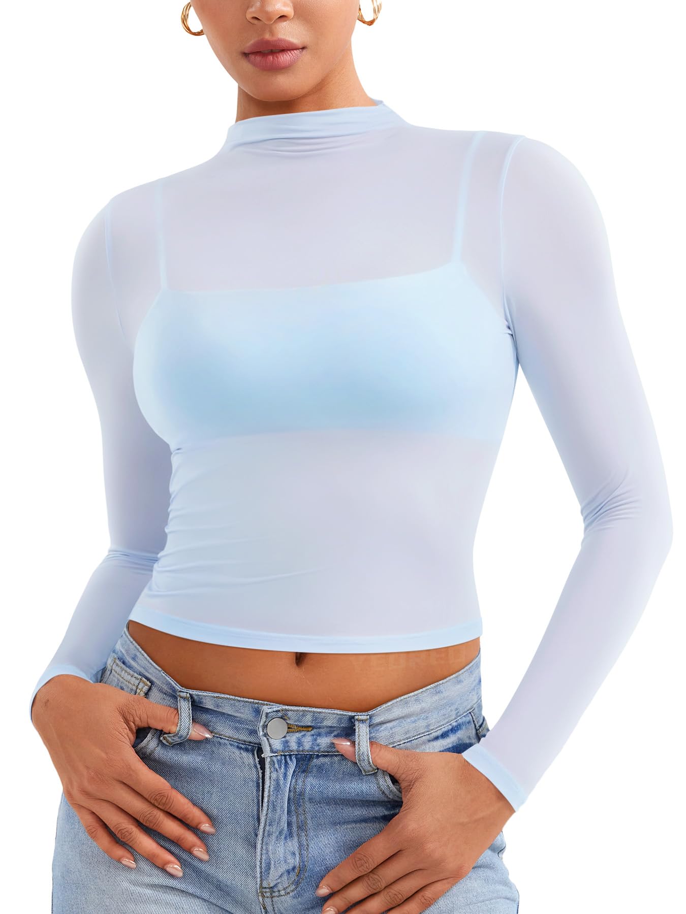 Photo 1 of YEOREO Womens Sheer Tops Long Sleeve See Through Tops Mock Neck Slim Fit Workout Shirt Jamy Going Out Sexy Shirts Light Blue L