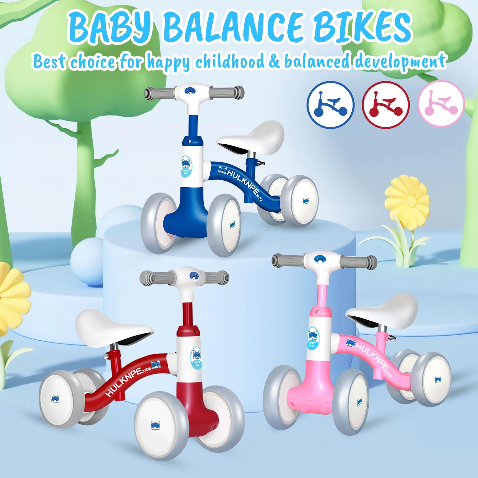 HULKNPE Baby Balance Bike for 1 Year Old Boys Girls, 12-24 Month Toddler Balance Bike with 4 Wheels, Adjustable Seat & Handlebar, First Birthday Gifts
