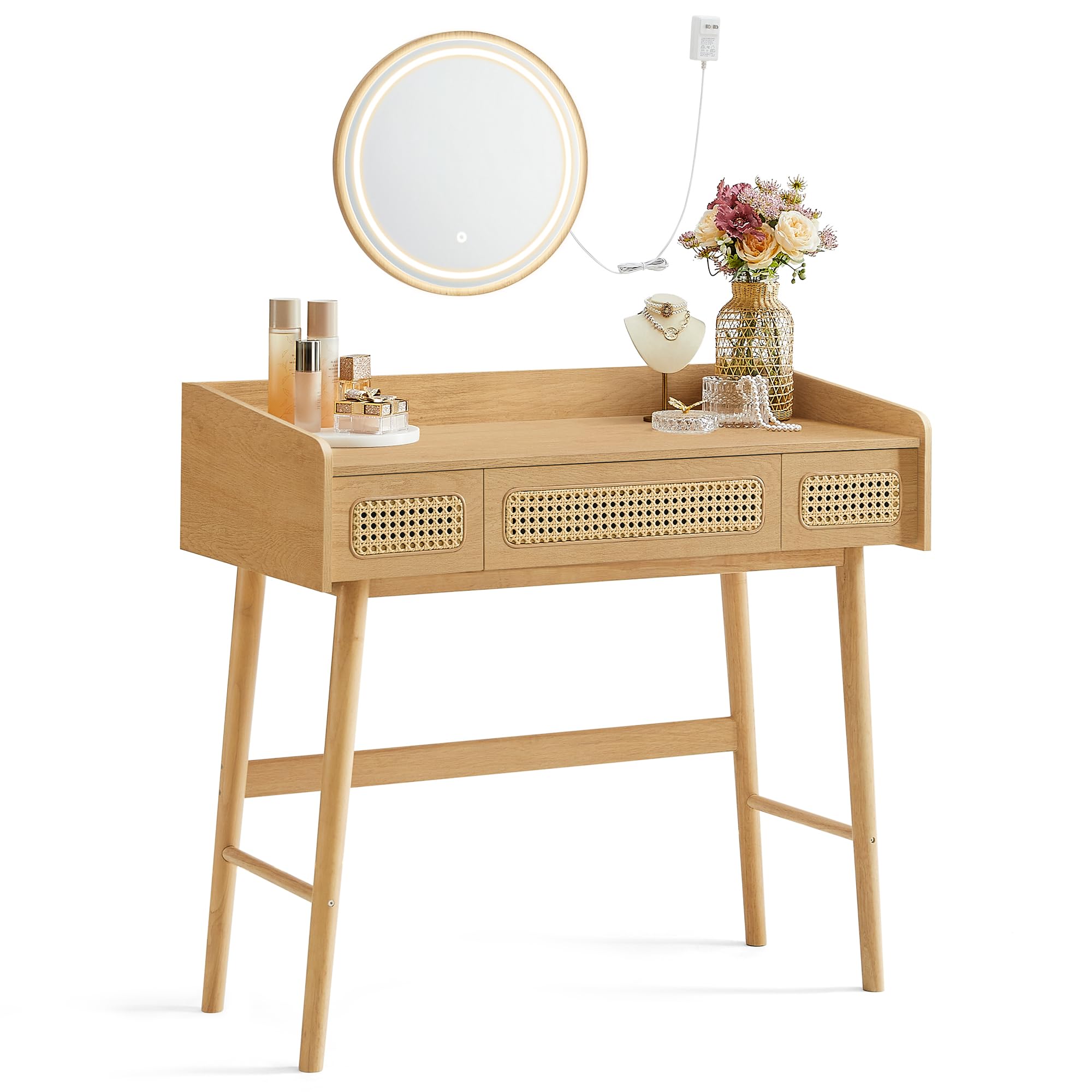 Photo 1 of SONGMICS HOME BOHOVEN Collection - Vanity Desk with Mirror and Touch Control Lights, Boho Makeup Vanity with 3 Rattan-Look Drawers, Dimmable Light with 3 Color Settings, Oak Beige URVT007Y02V1