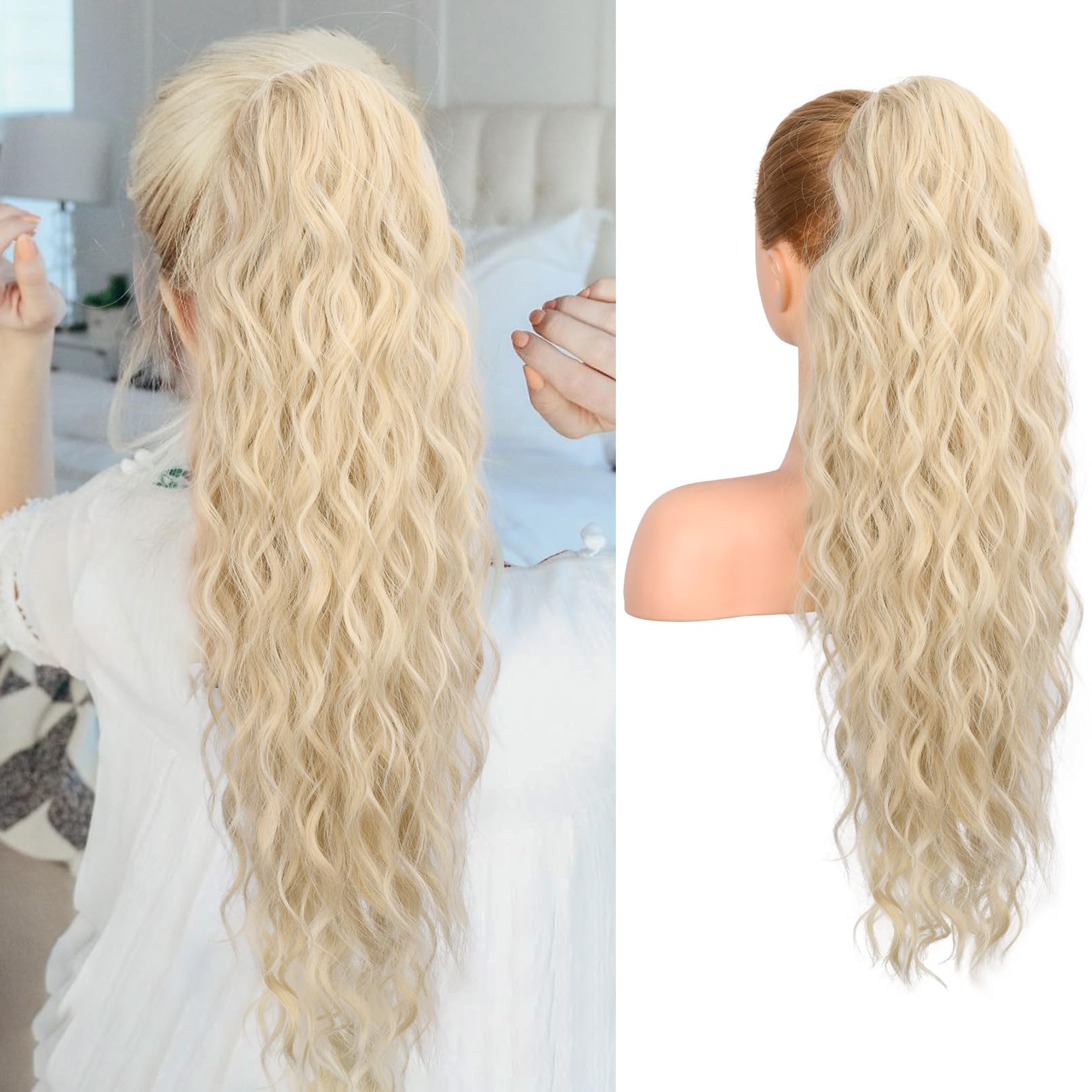 REECHO Ponytail Extension, 26" Long Beach Wave Drawstring Pony Hair Extension Synthetic Pony Tail Hairpiece for Women - Light Blonde — image 1