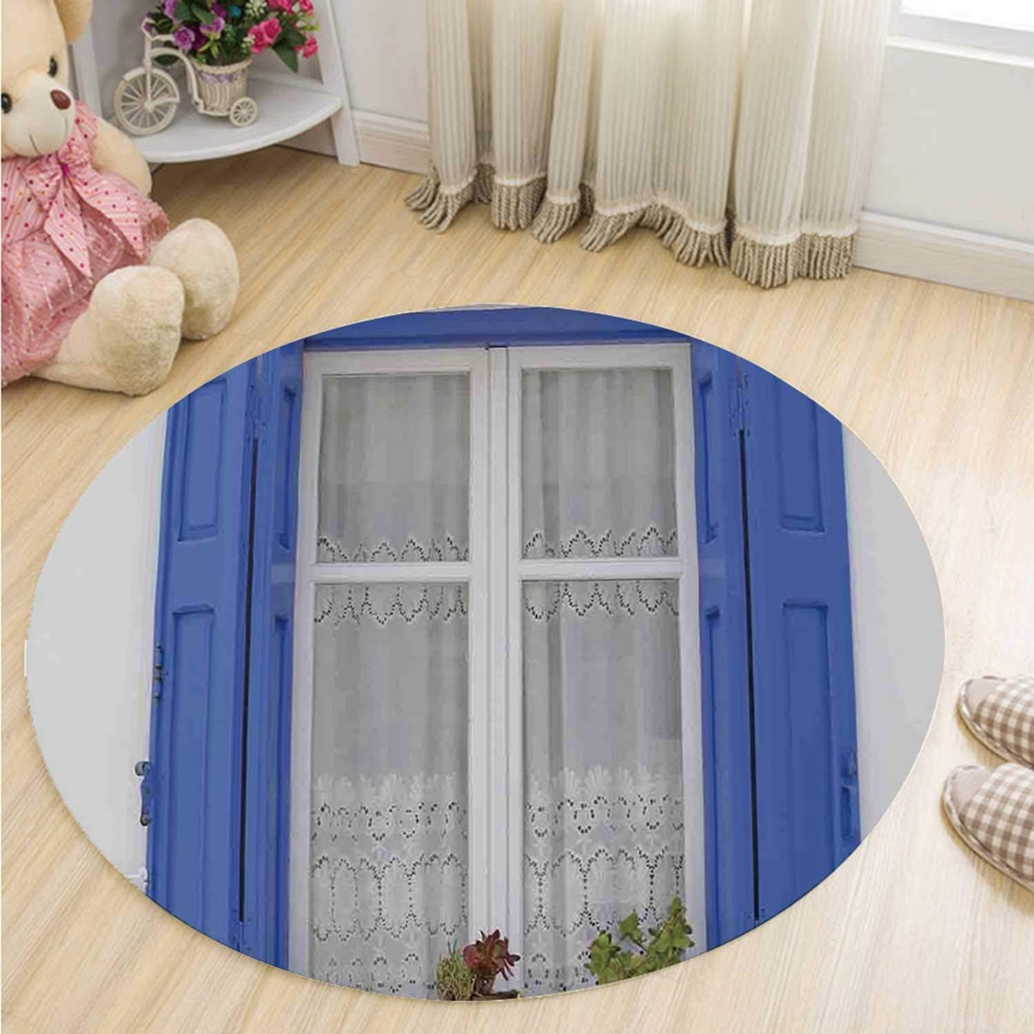 MOOCOM Shutters Decor Utility Round Mat,Typical Greek Style Wooden Window Shutters with Flowers Image Mediterranean Decor for Door,63''R