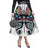 ThusFar Women's Graffiti Pleated Skirts Cartoon Printed Elastic Waist A-Line Swing Midi Skirt