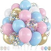 Balloons Pink and Blue, 60 Pack 12 Inch Pastel Light Pink Blue with Metallic Gold Confetti Balloons for Birthday, Gender Reveal, Baby Shower, Boy or Girl Party Decoration