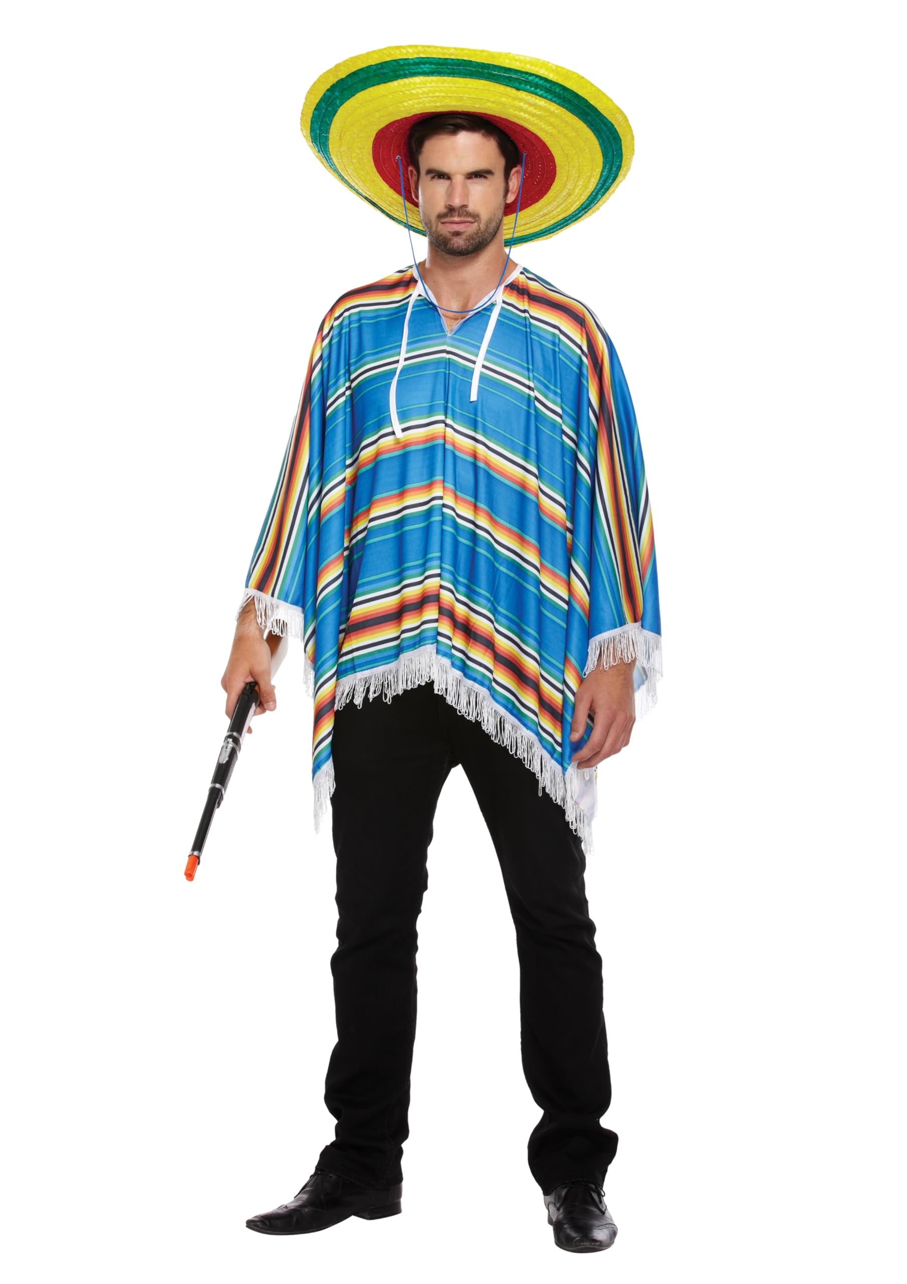 HENBRANDT Single Adult Blue Mexican Poncho with Red and Yellow Stripes and Tassel Fringe Bandit Wild Western Cowboy Fancy Dress Costume Unisex Accessory for Men and Women