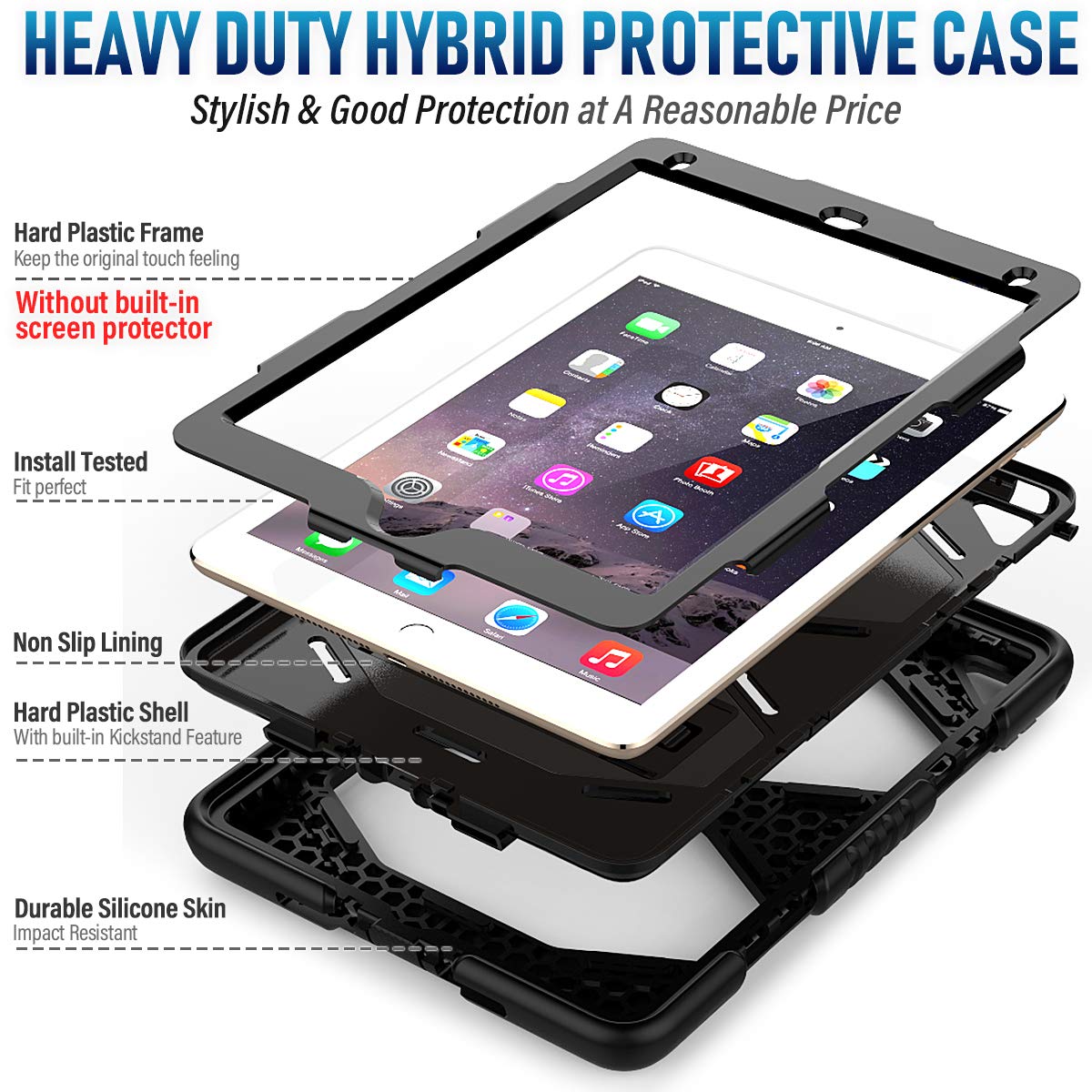 SEYMAC Case for iPad 9.7 5th/6th Generation, Heavy Duty Shockproof Rugged Protective Case with Built-in Kickstand for New iPad 9.7 inch 2018/2017 Generation &Air 2&Pro 9.7 inch(Black)