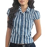 Women Y2k Button Down Shirt Cute E-Girls Short Sleeve Slim Fit Crop Top Collar Plaid/Striped Coquette Babydoll Blouse