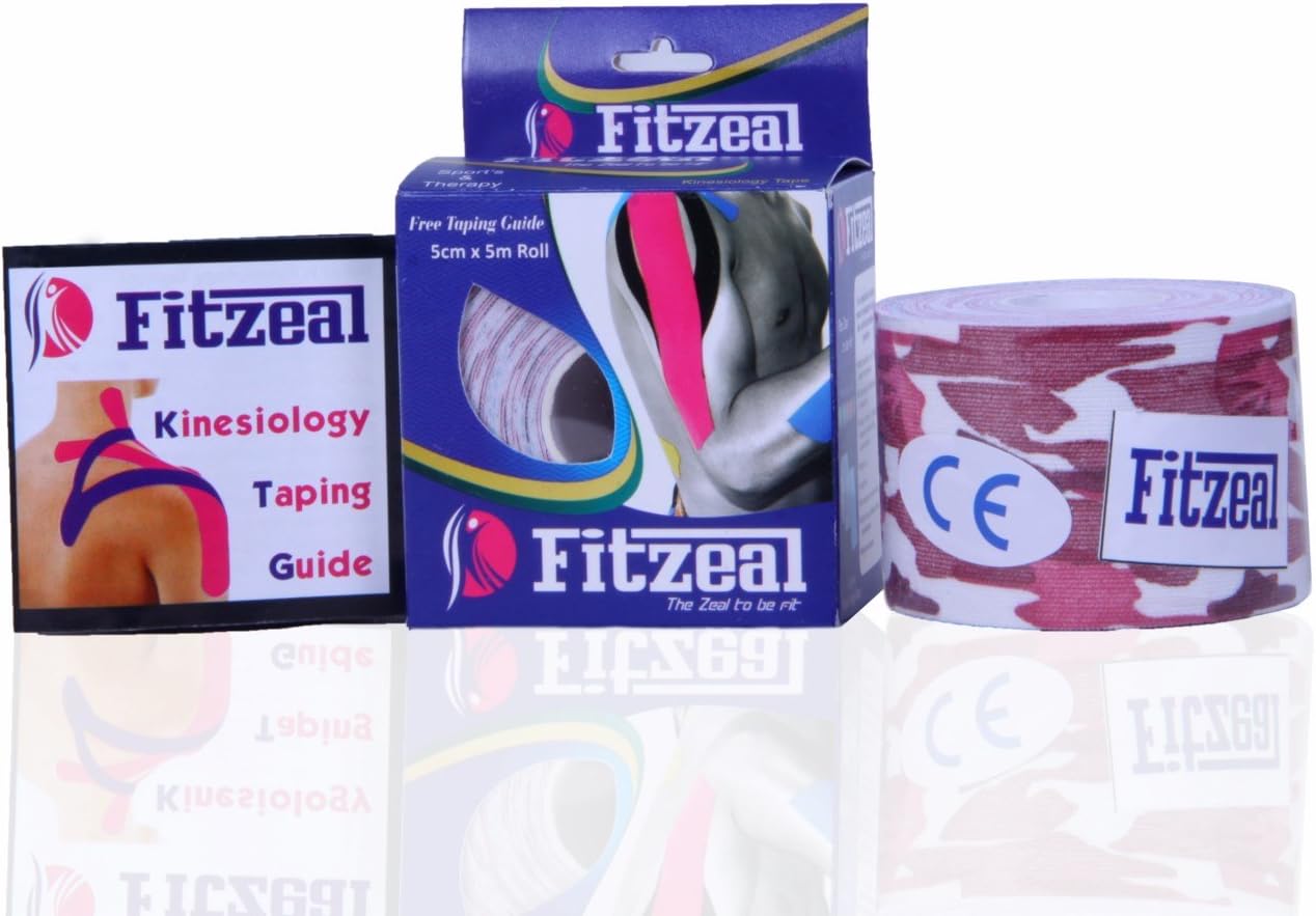Fitzeal Waterproof Therapeutic and Sports Injury Cotton and Spandex Tape with Taping Guide (5 mX5 cm, Camo Pink)