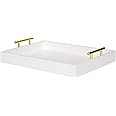 Kate and Laurel Lipton Decorative Tray with Polished Metal Handles, White and Gold