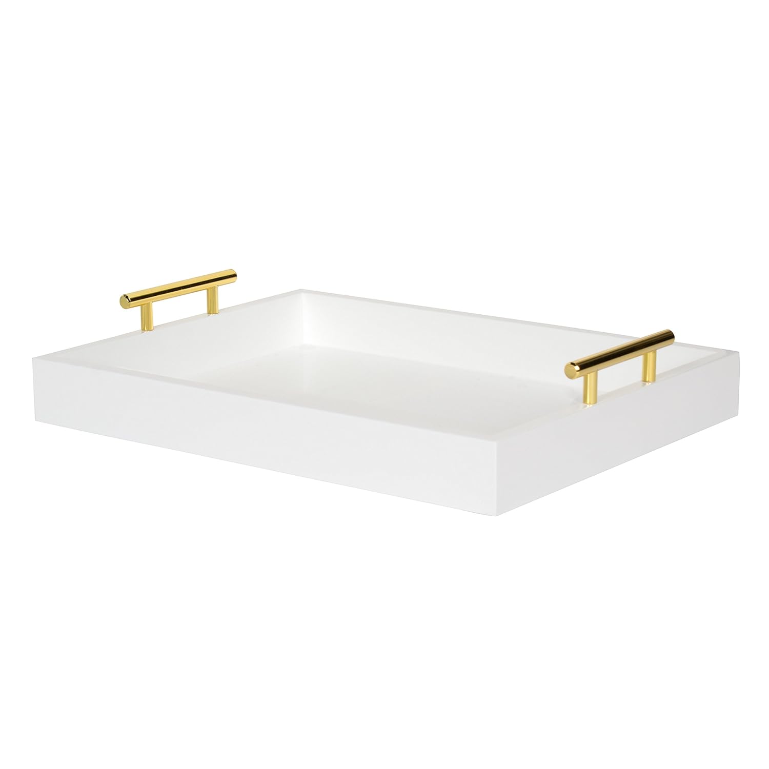 Kate and Laurel Lipton Decorative Tray with Polished Metal Handles, White and Gold