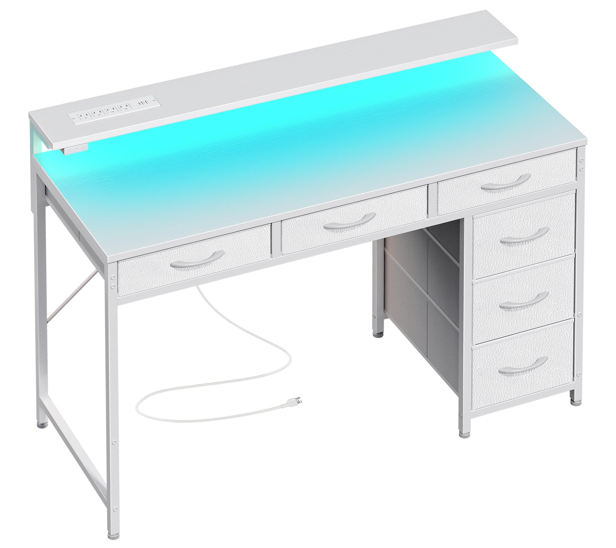 Huuger Gaming Desk with 6 Drawers, Computer Desk with LED Lights Power Outlets and Type-C, 39 Inch Office Desk with Storage, Monitor Stand, Writing Desk Work Desk Home Office, Bedroom, Study, White