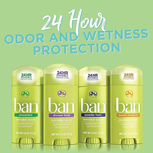 BAN INVISIBLE SOLID ANTIPERSPIRANT DEODORANT FOR WOMEN AND MEN, 24-HOUR UNDERARM ODOR & SWEAT PROTECTION, SWEET SIMPLICITY, 2.6 OZ, PACK OF 4