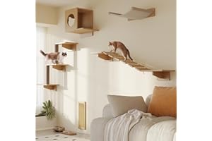 MeowHomm Cat Wall Shelves, Set of 5 Wooden Cat Wall Furniture with Cat Condo, Cat Scratching Post with 3 Steps, Bridge, Cat Hammocks and Scratcher