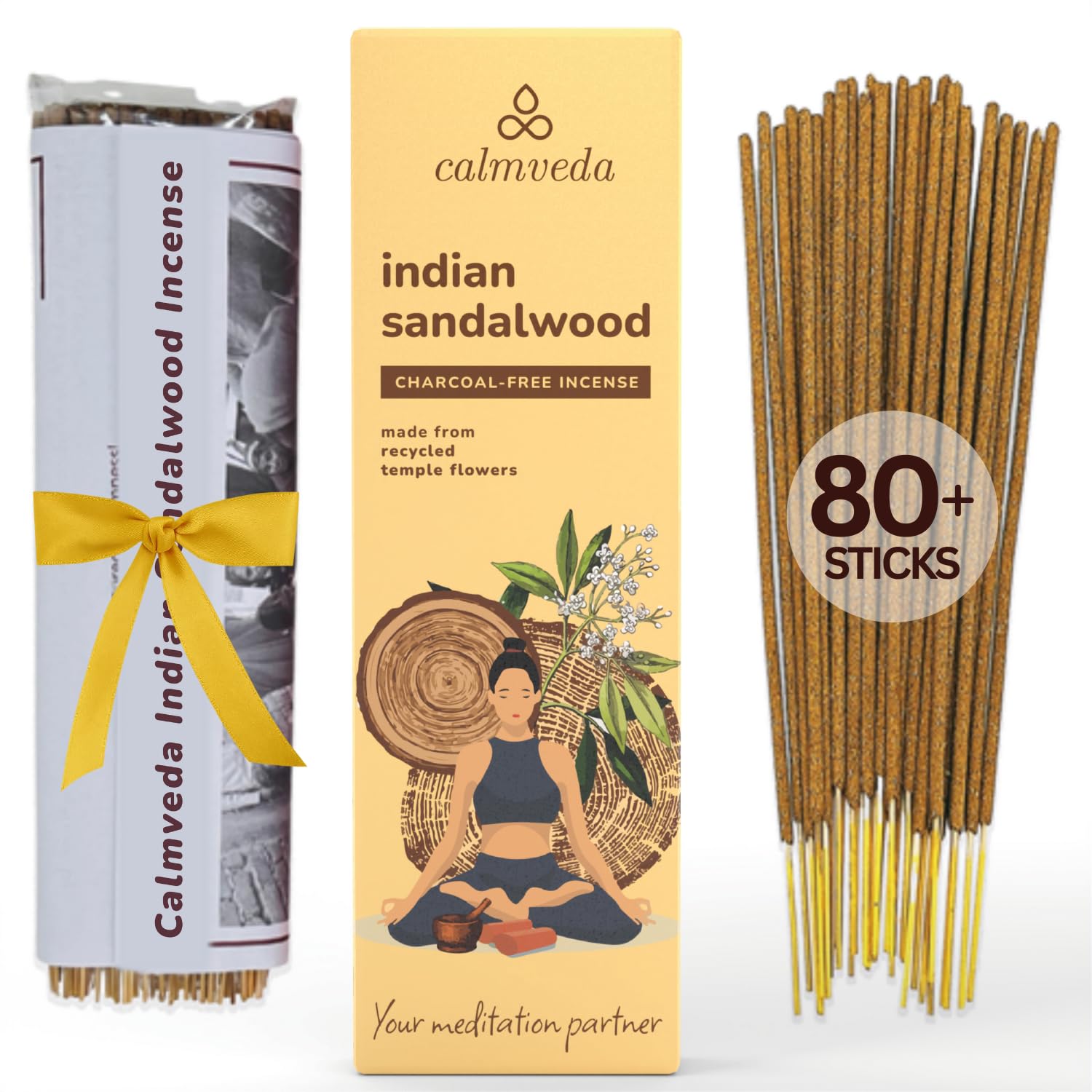 Indian Sandalwood Incense Stick - (80 Sticks) Charcoal Free Incense Made from Upcycled Flowers | All Natural Incense Non Toxic | Meditation Stress Relief Incense