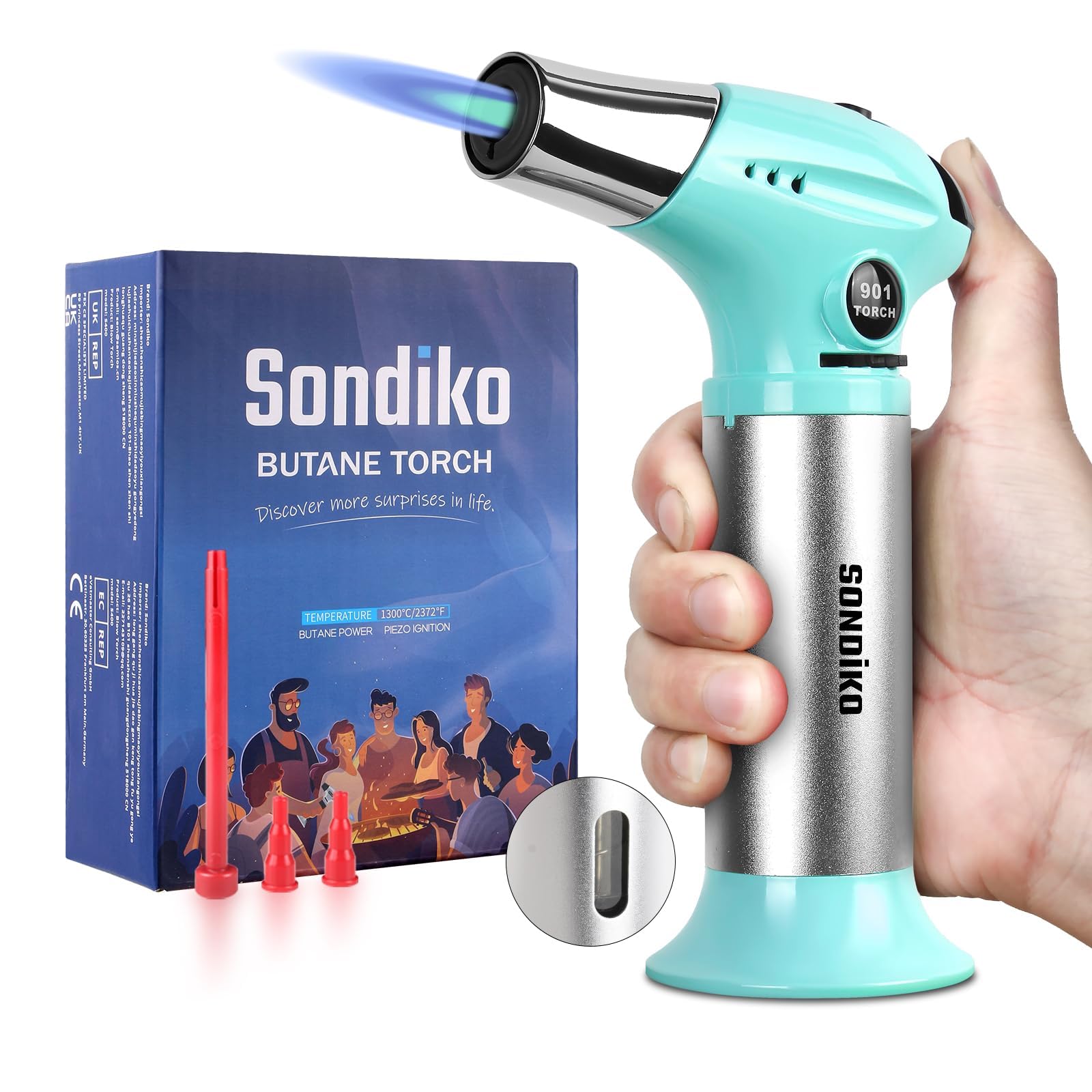 Photo 1 of Sondiko Blow Torch with Fuel Gauge S901, Refillable Butane Torch Lighter with Adjustable Flame for Creme Brulee DIY, Creme Brulee, BBQ and Baking, Butane Gas Not Included