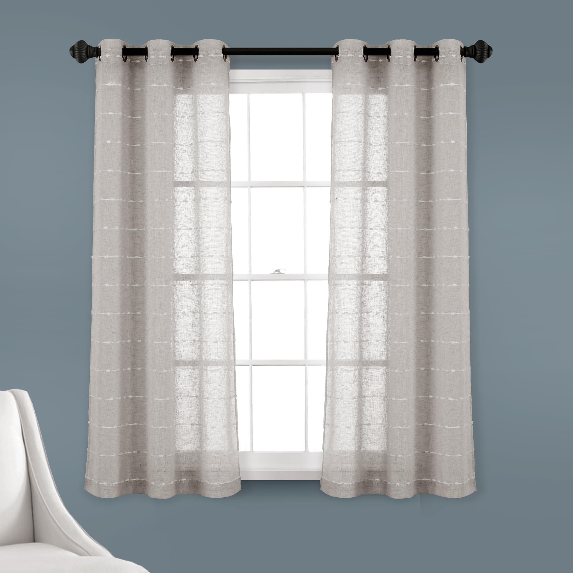 Lush Decor Farmhouse Textured Grommet Sheer Window Curtain Panel Pair, 63" L x 38" W, Gray