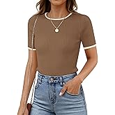 ZESICA Women's Summer Short Sleeve Ribbed Knit Slim Fit T Shirt 2026 Crewneck Basic Casual Color Block Tee Tops