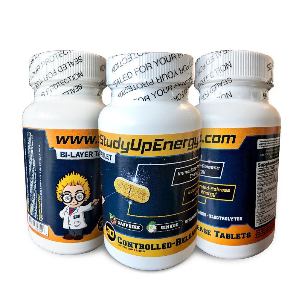 Study Up Energy, Bottle of 30, Controlled-Release, Bi-Layer, Memory and Concentration Enhancing Tablets, 6-8 Hours of Increased Focus and Concentration, Caffeine, Ginkgo, Vitamins, Electrolytes