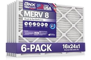 BNX TruFilter 16x24x1 Air Filter MERV 8 (6-Pack) - MADE IN USA – Dust & Pet Defense Pleated Air Conditioner HVAC AC Furnace Filters for Dust, Pet, Mold, Pollen MPR 600 – 700 & FPR 5