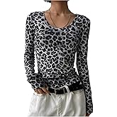 MakeMeChic Women's Cheetah Print Scoop Neck T Shirt Long Sleeve Rib Knit Y2k Going Out Tops