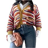 RoseSeek Women's Striped Color Block Sweaters Button Down Long Sleeve Cardigans Crop Tops