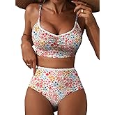 Herseas Women's Ruched Bikini Sets Two Piece Allover Printed Swimsuits High Waisted Bathing Suits