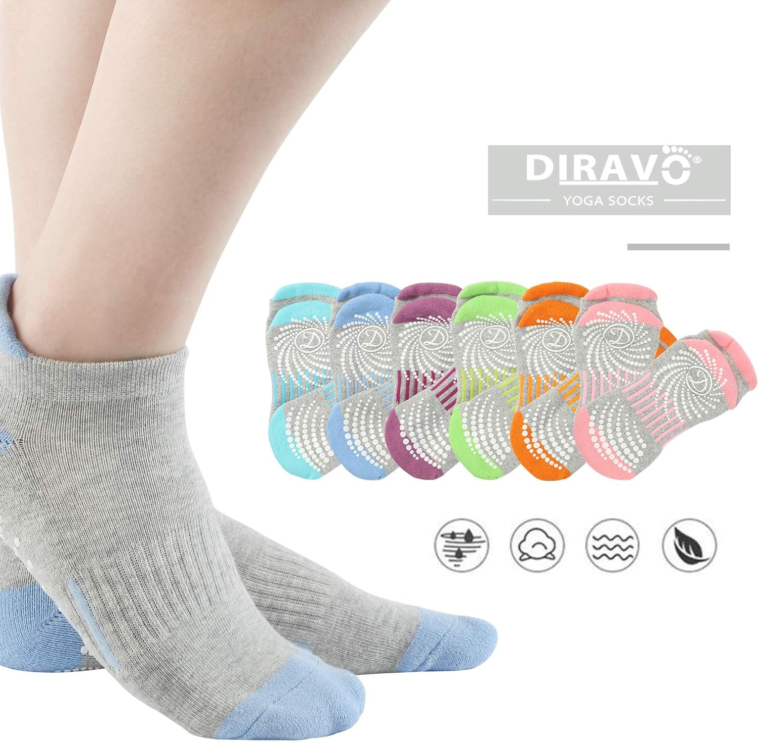 6 Pairs Yoga Socks for Women Non-Slip Grips Anti-Skid Pilates, Barre, Bikram Fitness Socks Size 5-10 (C-6pair(6grey,color)): Clothing