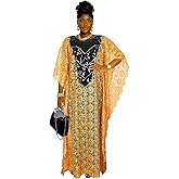HD Womens African Lace Kaftan Dress Embroidery V Neck Evening Party Gown One Size with Matching Headwrap