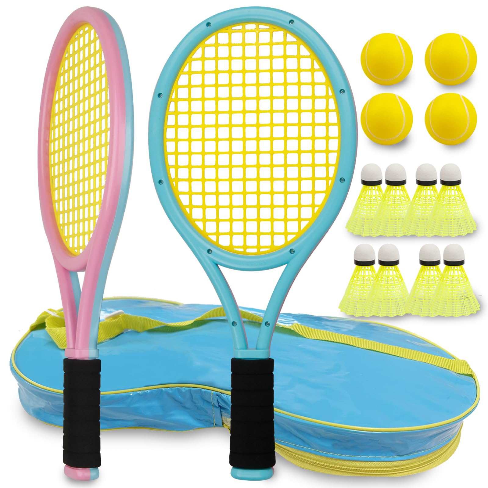 Ppbmocw Kids Tennis Rackets, Toddler Tennis Racket Set Include 8 Badmintons, 4 Soft Balls And 1 Carrying Bag, For Childrens(Blue&Pink)