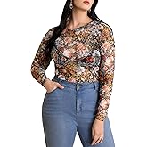 Floerns Women's Plus Size Floral Print Mock Neck Sheer Mesh Tee Shirts Top