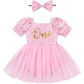 IMEKIS Baby Girl 1st Birthday Outfit Lace One Romper Tulle Dress with Headband Mesh Sleeve Cake Smash Photo Shoot