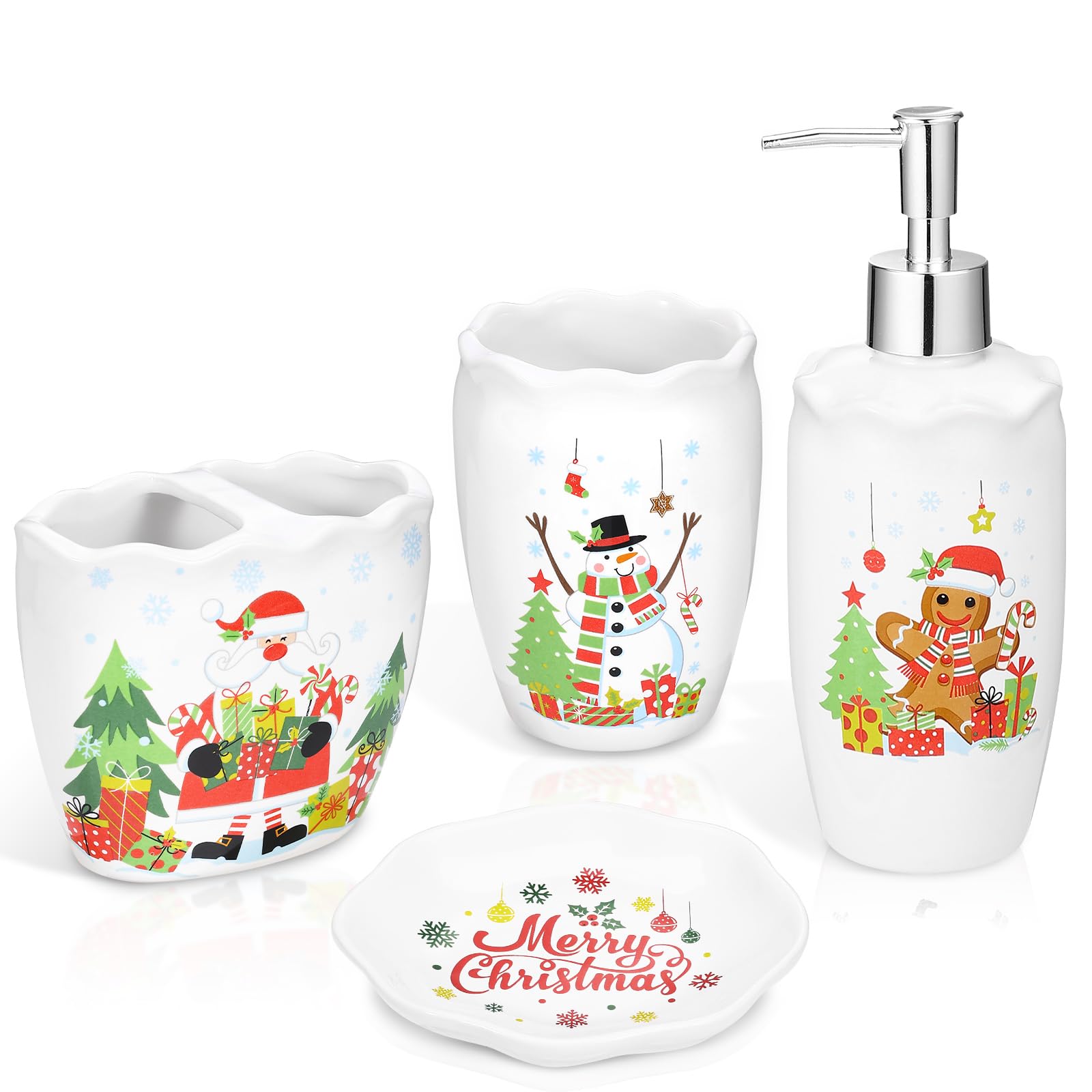 Photo 1 of Merry Christmas Bathroom Accessories, Ceramic Christmas Bathroom Decor Sets of 4 Contain Hand Soap Dispenser, Soap Dish, Cup and Toothbrush Holder Set, Perfect Christmas Decor Gift (Snowman)