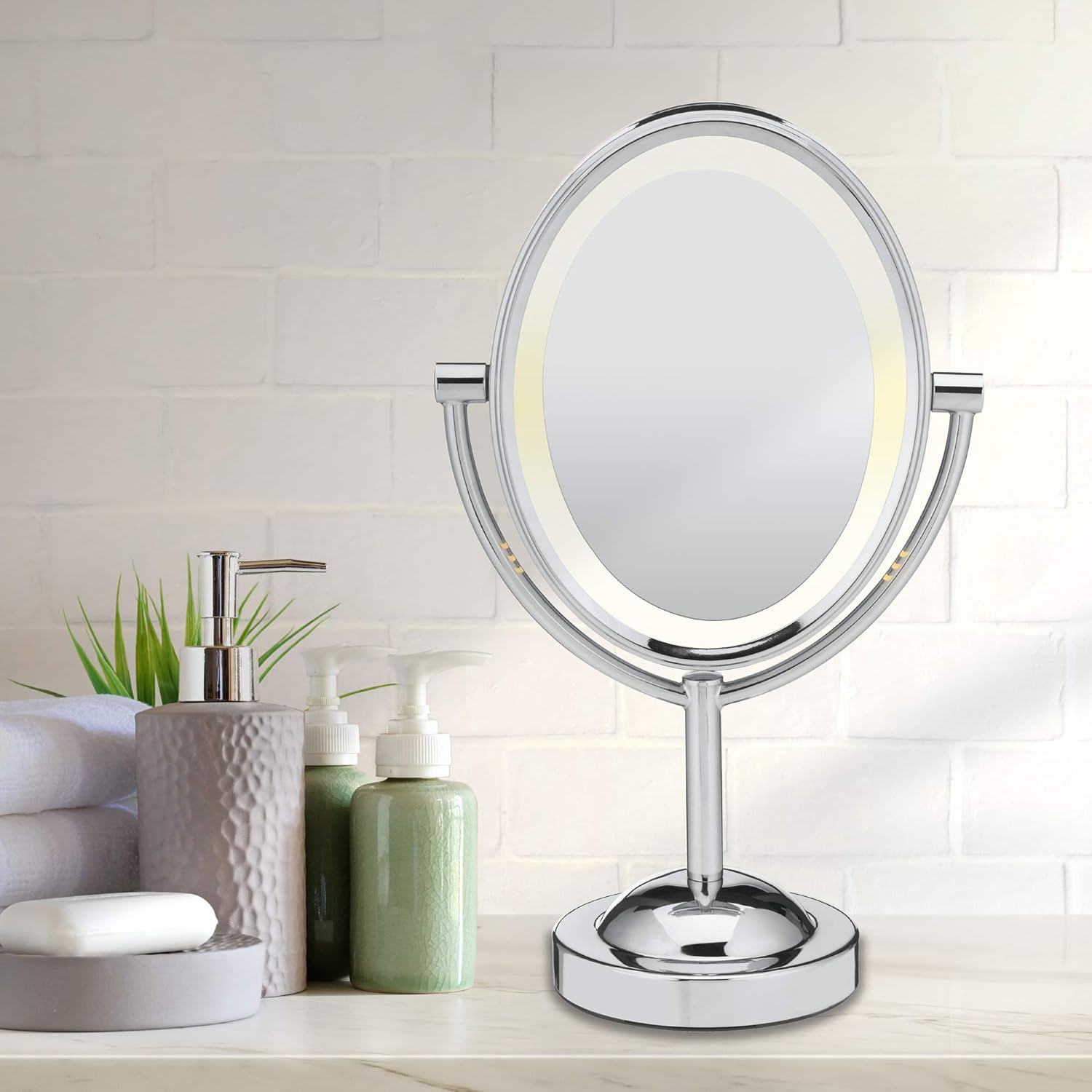 Conair Reflections Double-Sided Lighted Vanity Makeup Mirror, 1x/7x magnification, Polished Chrome : Personal Makeup Mirrors : Beauty