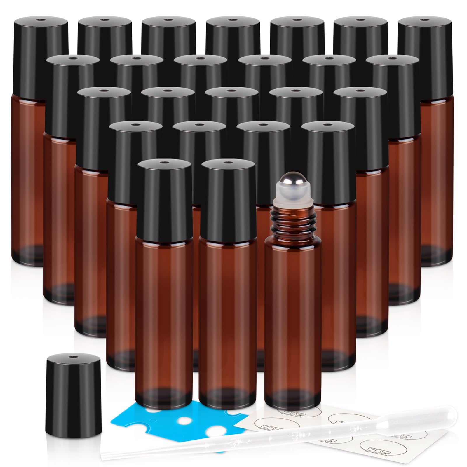 ZEJIA 10ml Roller Bottles 24Pack Amber Thick Glass Essential Oil Bottles with Stainless Steel Roller Ball and 2 Droppers