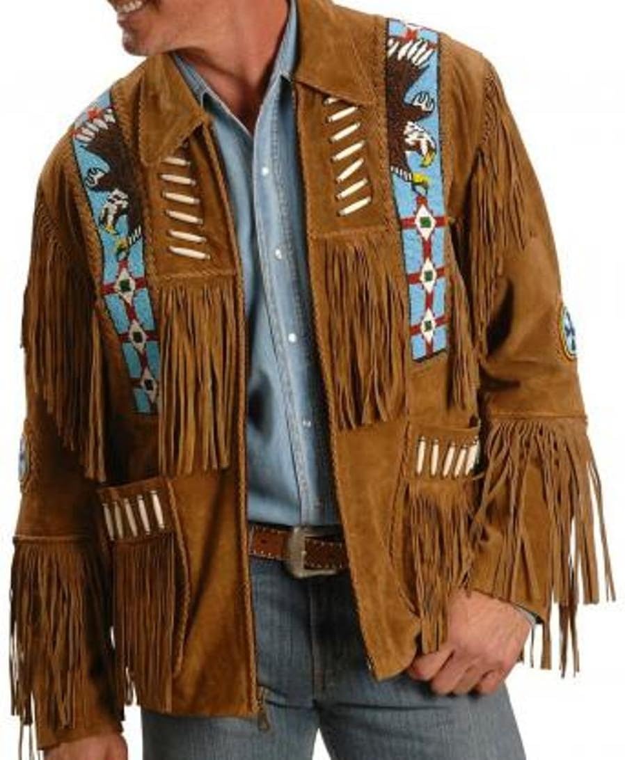 Genuine Cowboy Jacket Native American Cowboy Fringed Wear Jackets Coats Mens Style Suede Fringe Winter Coat Wear Winter Shirt,Clothing, Beaded Western Leather Jacket for Sale GCj01